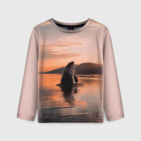 Детский лонгслив 3D с принтом касатки на закате в Екатеринбурге, 100% полиэстер | длинные рукава, круглый вырез горловины, полуприлегающий силуэт
 | ocean | orca | sea | sea animal | дельфин | закат | касатка | кит | море | океан | рисунок кита