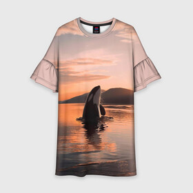 Детское платье 3D с принтом касатки на закате в Екатеринбурге, 100% полиэстер | прямой силуэт, чуть расширенный к низу. Круглая горловина, на рукавах — воланы | Тематика изображения на принте: ocean | orca | sea | sea animal | дельфин | закат | касатка | кит | море | океан | рисунок кита