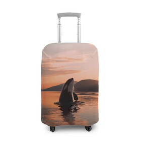 Чехол для чемодана 3D с принтом касатки на закате в Екатеринбурге, 86% полиэфир, 14% спандекс | двустороннее нанесение принта, прорези для ручек и колес | ocean | orca | sea | sea animal | дельфин | закат | касатка | кит | море | океан | рисунок кита