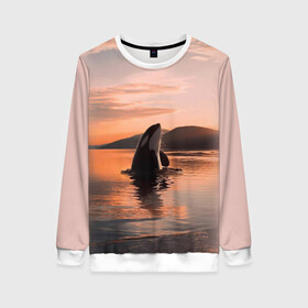 Женский свитшот 3D с принтом касатки на закате в Екатеринбурге, 100% полиэстер с мягким внутренним слоем | круглый вырез горловины, мягкая резинка на манжетах и поясе, свободная посадка по фигуре | ocean | orca | sea | sea animal | дельфин | закат | касатка | кит | море | океан | рисунок кита