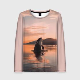 Женский лонгслив 3D с принтом касатки на закате в Екатеринбурге, 100% полиэстер | длинные рукава, круглый вырез горловины, полуприлегающий силуэт | Тематика изображения на принте: ocean | orca | sea | sea animal | дельфин | закат | касатка | кит | море | океан | рисунок кита