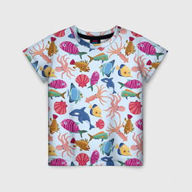 Детская футболка 3D с принтом Подводные существа в Екатеринбурге, 100% гипоаллергенный полиэфир | прямой крой, круглый вырез горловины, длина до линии бедер, чуть спущенное плечо, ткань немного тянется | дельфины | кальмары | морские животные | морские обитатели | осьминоги | ракушки | рыбы