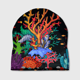 Шапка 3D с принтом Морской пейзаж в Екатеринбурге, 100% полиэстер | универсальный размер, печать по всей поверхности изделия | кораллы | море | морская тема | морские символы | морской пейзаж | ракушка | рыбы