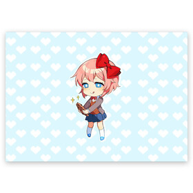 Поздравительная открытка с принтом Chibi Sayori в Екатеринбурге, 100% бумага | плотность бумаги 280 г/м2, матовая, на обратной стороне линовка и место для марки
 | Тематика изображения на принте: ddlc | doki doki literature club | sayori | саёри | сайори