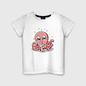 Детская футболка хлопок с принтом Милый Осьминог в Екатеринбурге, 100% хлопок | круглый вырез горловины, полуприлегающий силуэт, длина до линии бедер | Тематика изображения на принте: cute | octopus | милый | осьминог | осьминожка | тентакли