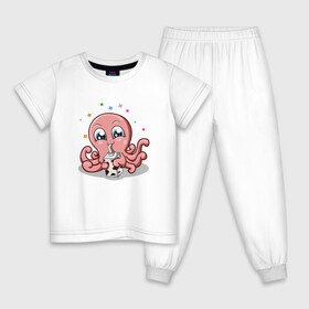Детская пижама хлопок с принтом Милый Осьминог в Екатеринбурге, 100% хлопок |  брюки и футболка прямого кроя, без карманов, на брюках мягкая резинка на поясе и по низу штанин
 | Тематика изображения на принте: cute | octopus | милый | осьминог | осьминожка | тентакли
