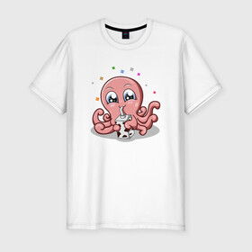 Мужская футболка хлопок Slim с принтом Милый Осьминог в Екатеринбурге, 92% хлопок, 8% лайкра | приталенный силуэт, круглый вырез ворота, длина до линии бедра, короткий рукав | Тематика изображения на принте: cute | octopus | милый | осьминог | осьминожка | тентакли