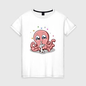 Женская футболка хлопок с принтом Милый Осьминог в Екатеринбурге, 100% хлопок | прямой крой, круглый вырез горловины, длина до линии бедер, слегка спущенное плечо | cute | octopus | милый | осьминог | осьминожка | тентакли