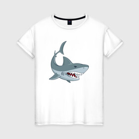 Женская футболка хлопок с принтом Агрессивная акула в Екатеринбурге, 100% хлопок | прямой крой, круглый вырез горловины, длина до линии бедер, слегка спущенное плечо | shark | агрессивная | акула | акулы | клыки | море | океан | рыба