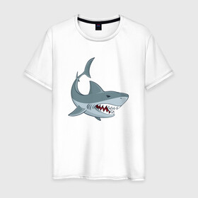 Мужская футболка хлопок с принтом Агрессивная акула в Екатеринбурге, 100% хлопок | прямой крой, круглый вырез горловины, длина до линии бедер, слегка спущенное плечо. | Тематика изображения на принте: shark | агрессивная | акула | акулы | клыки | море | океан | рыба