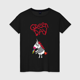 Женская футболка хлопок с принтом Green Day Unicorn в Екатеринбурге, 100% хлопок | прямой крой, круглый вырез горловины, длина до линии бедер, слегка спущенное плечо | billie joe armstrong | green day | punk | rock | unicorn | билли джо | грин дей | панк | рок