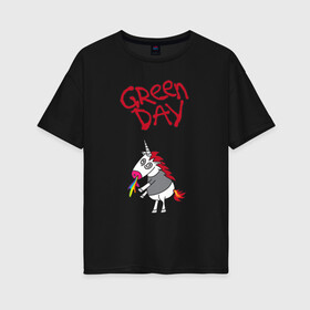 Женская футболка хлопок Oversize с принтом Green Day Unicorn в Екатеринбурге, 100% хлопок | свободный крой, круглый ворот, спущенный рукав, длина до линии бедер
 | billie joe armstrong | green day | punk | rock | unicorn | билли джо | грин дей | панк | рок