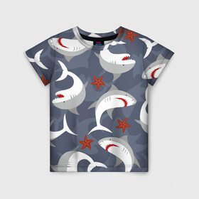 Детская футболка 3D с принтом Акулы в Екатеринбурге, 100% гипоаллергенный полиэфир | прямой крой, круглый вырез горловины, длина до линии бедер, чуть спущенное плечо, ткань немного тянется | shark | акула | акулы | клыки | море | океан | рыба