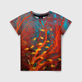 Детская футболка 3D с принтом Коралловые рыбки в Екатеринбурге, 100% гипоаллергенный полиэфир | прямой крой, круглый вырез горловины, длина до линии бедер, чуть спущенное плечо, ткань немного тянется | коралловые | море | океан | подводный мир | рифы | рыбки | рыбы