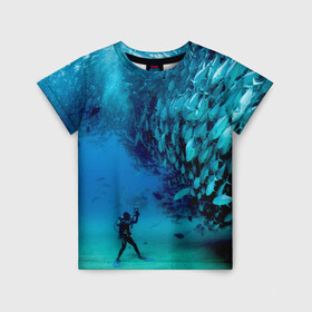 Детская футболка 3D с принтом Фото дайвинг в Екатеринбурге, 100% гипоаллергенный полиэфир | прямой крой, круглый вырез горловины, длина до линии бедер, чуть спущенное плечо, ткань немного тянется | дайвер | косяк | море | океан | подводный мир | рыбки | рыбы | фото дайвинг