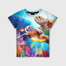 Детская футболка 3D с принтом Морские черепахи в Екатеринбурге, 100% гипоаллергенный полиэфир | прямой крой, круглый вырез горловины, длина до линии бедер, чуть спущенное плечо, ткань немного тянется | Тематика изображения на принте: коралловые | море | морские | океан | подводный мир | рифы | рыбки | рыбы | черепахи