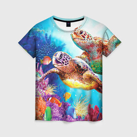 Женская футболка 3D с принтом Морские черепахи в Екатеринбурге, 100% полиэфир ( синтетическое хлопкоподобное полотно) | прямой крой, круглый вырез горловины, длина до линии бедер | коралловые | море | морские | океан | подводный мир | рифы | рыбки | рыбы | черепахи