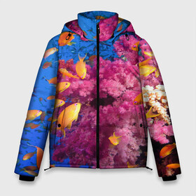 Мужская зимняя куртка 3D с принтом Коралловые рыбки в Екатеринбурге, верх — 100% полиэстер; подкладка — 100% полиэстер; утеплитель — 100% полиэстер | длина ниже бедра, свободный силуэт Оверсайз. Есть воротник-стойка, отстегивающийся капюшон и ветрозащитная планка. 

Боковые карманы с листочкой на кнопках и внутренний карман на молнии. | коралловые | море | океан | подводный мир | рифы | рыбки | рыбы