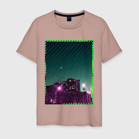 Мужская футболка хлопок с принтом Ночной город в Екатеринбурге, 100% хлопок | прямой крой, круглый вырез горловины, длина до линии бедер, слегка спущенное плечо. | city | light | moon | neon | night | stripes | город | месяц | неон | ночь | полосы | фонари