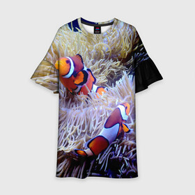 Детское платье 3D с принтом Клоуны в актинии в Екатеринбурге, 100% полиэстер | прямой силуэт, чуть расширенный к низу. Круглая горловина, на рукавах — воланы | Тематика изображения на принте: актиния | клоуны | коралловые | море | подводный мир | рыбки