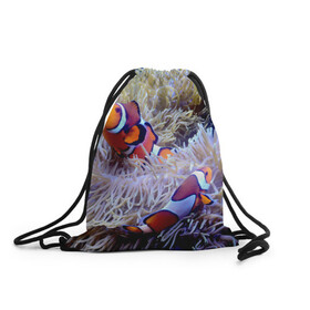 Рюкзак-мешок 3D с принтом Клоуны в актинии в Екатеринбурге, 100% полиэстер | плотность ткани — 200 г/м2, размер — 35 х 45 см; лямки — толстые шнурки, застежка на шнуровке, без карманов и подкладки | актиния | клоуны | коралловые | море | подводный мир | рыбки