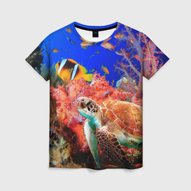 Женская футболка 3D с принтом Морская черепаха в Екатеринбурге, 100% полиэфир ( синтетическое хлопкоподобное полотно) | прямой крой, круглый вырез горловины, длина до линии бедер | кораллы | море | морская черепаха | подводный мир | рыбки