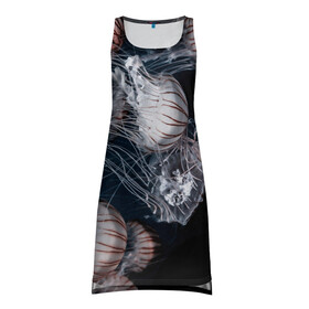 Платье-майка 3D с принтом Медузы в Екатеринбурге, 100% полиэстер | полуприлегающий силуэт, широкие бретели, круглый вырез горловины, удлиненный подол сзади. | глубина | медузы | море | морские обитатели | океан | подводный мир