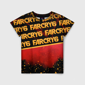 Детская футболка 3D с принтом Far Cry 6 в Екатеринбурге, 100% гипоаллергенный полиэфир | прямой крой, круглый вырез горловины, длина до линии бедер, чуть спущенное плечо, ткань немного тянется | Тематика изображения на принте: far cry 6 | дым | игра | капли | лого | надпись | частицы
