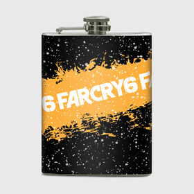 Фляга с принтом Far Cry 6 в Екатеринбурге, металлический корпус | емкость 0,22 л, размер 125 х 94 мм. Виниловая наклейка запечатывается полностью | Тематика изображения на принте: far cry 6 | игра | капли | лого | надпись | снег | частицы