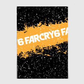 Постер с принтом Far Cry 6 в Екатеринбурге, 100% бумага
 | бумага, плотность 150 мг. Матовая, но за счет высокого коэффициента гладкости имеет небольшой блеск и дает на свету блики, но в отличии от глянцевой бумаги не покрыта лаком | far cry 6 | игра | капли | лого | надпись | снег | частицы