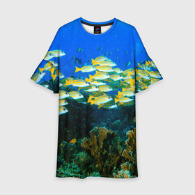 Детское платье 3D с принтом Коралловые рыбки в Екатеринбурге, 100% полиэстер | прямой силуэт, чуть расширенный к низу. Круглая горловина, на рукавах — воланы | коралловые | кораллы | море | морские обитатели | океан | подводный мир | рыбки