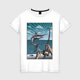 Женская футболка хлопок с принтом рыбалка в Екатеринбурге, 100% хлопок | прямой крой, круглый вырез горловины, длина до линии бедер, слегка спущенное плечо | море | океан | рыба | рыбаки | рыбылка | спининг | удочка