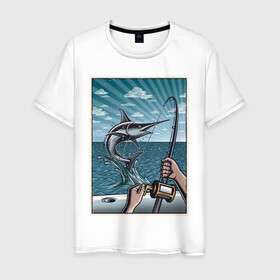 Мужская футболка хлопок с принтом рыбалка в Екатеринбурге, 100% хлопок | прямой крой, круглый вырез горловины, длина до линии бедер, слегка спущенное плечо. | море | океан | рыба | рыбаки | рыбылка | спининг | удочка