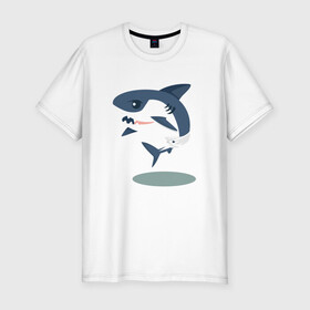 Мужская футболка хлопок Slim с принтом Акуленок в Екатеринбурге, 92% хлопок, 8% лайкра | приталенный силуэт, круглый вырез ворота, длина до линии бедра, короткий рукав | baby | shark | акула | акуленок | акулы | жители | клыки | море | морские | океан | памперс | паттерн | ребенок | рыба | черные
