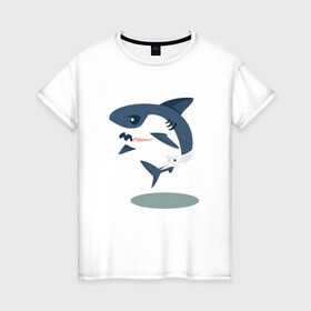 Женская футболка хлопок с принтом Акуленок в Екатеринбурге, 100% хлопок | прямой крой, круглый вырез горловины, длина до линии бедер, слегка спущенное плечо | baby | shark | акула | акуленок | акулы | жители | клыки | море | морские | океан | памперс | паттерн | ребенок | рыба | черные