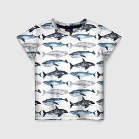 Детская футболка 3D с принтом киты в Екатеринбурге, 100% гипоаллергенный полиэфир | прямой крой, круглый вырез горловины, длина до линии бедер, чуть спущенное плечо, ткань немного тянется | ocean | sea | касатки | киты | море | морские мотивы | морской принт | морской фон | океан | паттерн | рыбы | текстуры