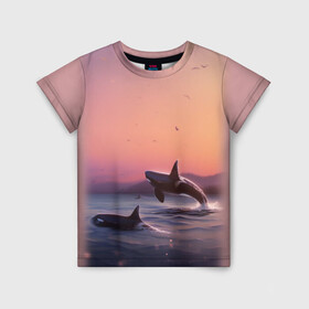 Детская футболка 3D с принтом касатки в Екатеринбурге, 100% гипоаллергенный полиэфир | прямой крой, круглый вырез горловины, длина до линии бедер, чуть спущенное плечо, ткань немного тянется | Тематика изображения на принте: ocean | orca | sea | sea animal | дельфин | закат | касатка | кит | море | океан | рисунок кита