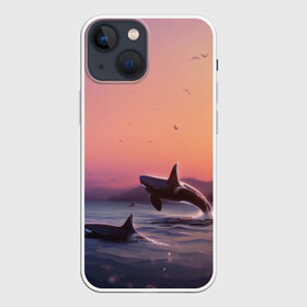 Чехол для iPhone 13 mini с принтом касатки в Екатеринбурге,  |  | ocean | orca | sea | sea animal | дельфин | закат | касатка | кит | море | океан | рисунок кита