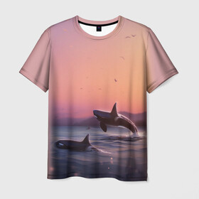 Мужская футболка 3D с принтом касатки в Екатеринбурге, 100% полиэфир | прямой крой, круглый вырез горловины, длина до линии бедер | ocean | orca | sea | sea animal | дельфин | закат | касатка | кит | море | океан | рисунок кита