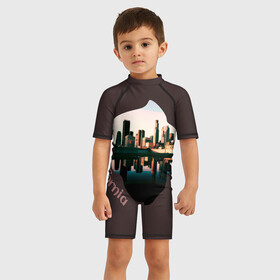Детский купальный костюм 3D с принтом California в Екатеринбурге, Полиэстер 85%, Спандекс 15% | застежка на молнии на спине | башни | закат | калифорния | море | штаты