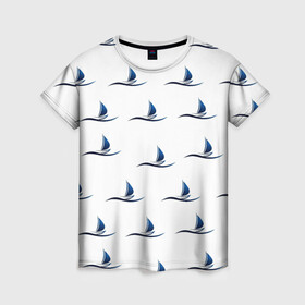 Женская футболка 3D с принтом Кораблики на белом в Екатеринбурге, 100% полиэфир ( синтетическое хлопкоподобное полотно) | прямой крой, круглый вырез горловины, длина до линии бедер | корабли | кораблики на белом | популярные иллюстрации