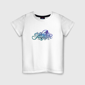 Детская футболка хлопок с принтом Осьминог в Екатеринбурге, 100% хлопок | круглый вырез горловины, полуприлегающий силуэт, длина до линии бедер | cute | kraken | octopus | живность | жители | кракен | милый | мир | морские | осьминог | осьминожка | подводный | тентакли