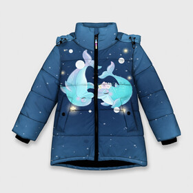 Зимняя куртка для девочек 3D с принтом Два дельфина в Екатеринбурге, ткань верха — 100% полиэстер; подклад — 100% полиэстер, утеплитель — 100% полиэстер. | длина ниже бедра, удлиненная спинка, воротник стойка и отстегивающийся капюшон. Есть боковые карманы с листочкой на кнопках, утяжки по низу изделия и внутренний карман на молнии. 

Предусмотрены светоотражающий принт на спинке, радужный светоотражающий элемент на пуллере молнии и на резинке для утяжки. | Тематика изображения на принте: cute | dolphin | два дельфина | дельфин | дельфинами | милый | мир | подводный