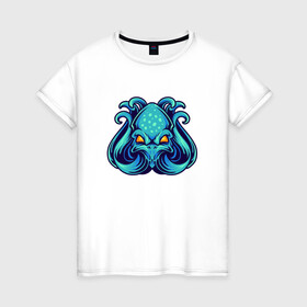 Женская футболка хлопок с принтом Голубой осьминог в Екатеринбурге, 100% хлопок | прямой крой, круглый вырез горловины, длина до линии бедер, слегка спущенное плечо | cute | kraken | octopus | живность | жители | кракен | милый | мир | морские | осьминог | осьминожка | подводный | тентакли