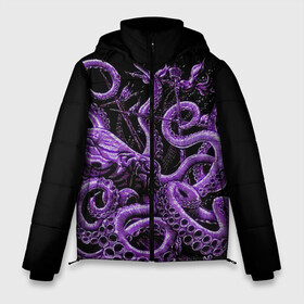 Мужская зимняя куртка 3D с принтом Фиолетовый Кракен в Екатеринбурге, верх — 100% полиэстер; подкладка — 100% полиэстер; утеплитель — 100% полиэстер | длина ниже бедра, свободный силуэт Оверсайз. Есть воротник-стойка, отстегивающийся капюшон и ветрозащитная планка. 

Боковые карманы с листочкой на кнопках и внутренний карман на молнии. | Тематика изображения на принте: animal | beast | kraken | ocean | octopus | sea | ship | water | вода | животные | звери | корабль | кракен | море | океан | осьминог | рыбы | щупальца