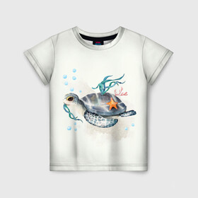 Детская футболка 3D с принтом черепашка в Екатеринбурге, 100% гипоаллергенный полиэфир | прямой крой, круглый вырез горловины, длина до линии бедер, чуть спущенное плечо, ткань немного тянется | ocean | sea | sea animal | акварель | водоросли | графика | море | океан | подводный мир | черепаха