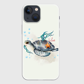 Чехол для iPhone 13 mini с принтом черепашка в Екатеринбурге,  |  | ocean | sea | sea animal | акварель | водоросли | графика | море | океан | подводный мир | черепаха