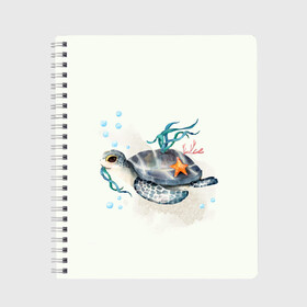 Тетрадь с принтом черепашка в Екатеринбурге, 100% бумага | 48 листов, плотность листов — 60 г/м2, плотность картонной обложки — 250 г/м2. Листы скреплены сбоку удобной пружинной спиралью. Уголки страниц и обложки скругленные. Цвет линий — светло-серый
 | Тематика изображения на принте: ocean | sea | sea animal | акварель | водоросли | графика | море | океан | подводный мир | черепаха