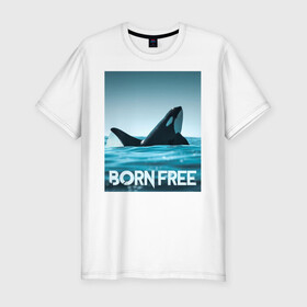 Мужская футболка хлопок Slim с принтом рожденная свободной в Екатеринбурге, 92% хлопок, 8% лайкра | приталенный силуэт, круглый вырез ворота, длина до линии бедра, короткий рукав | ocean | orca | sea | sea animal | дельфин | касатка | кит | море | океан | рисунок кита
