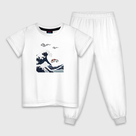 Детская пижама хлопок с принтом Карп кои в Екатеринбурге, 100% хлопок |  брюки и футболка прямого кроя, без карманов, на брюках мягкая резинка на поясе и по низу штанин
 | волна | карпы кои | океан | рыба | японские карпы